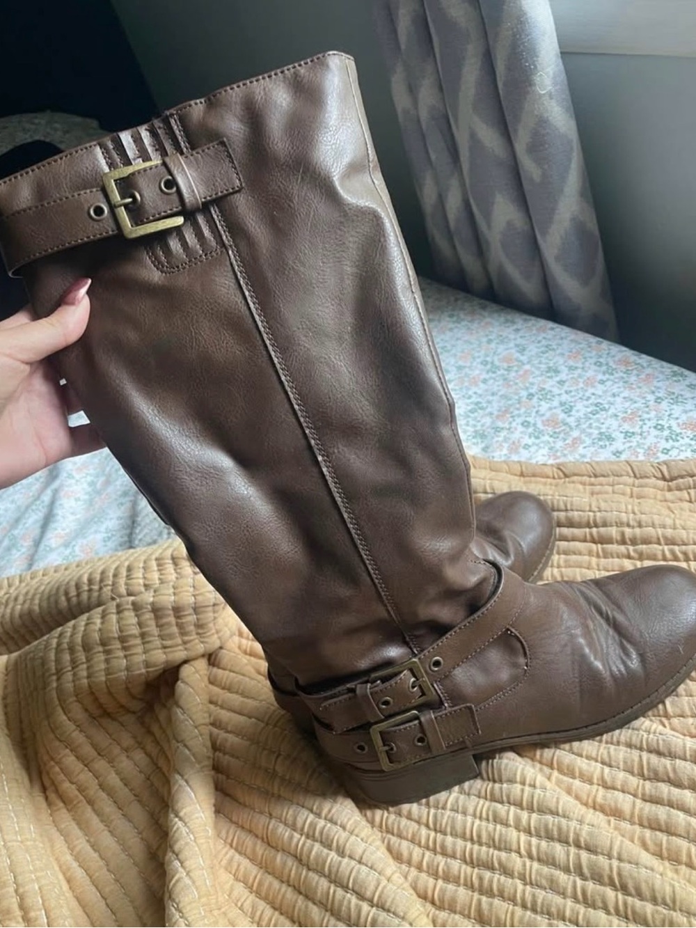 Classic Brown Knee-High Buckle Riding Boots - Women